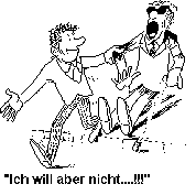 [Grafik: Cartoon zum Thema "Sich helfen lassen": Ein Passant versucht einen Blinden &uuml;ber die Stra&szlig;e zu zerren :"ich will aber nicht!"]